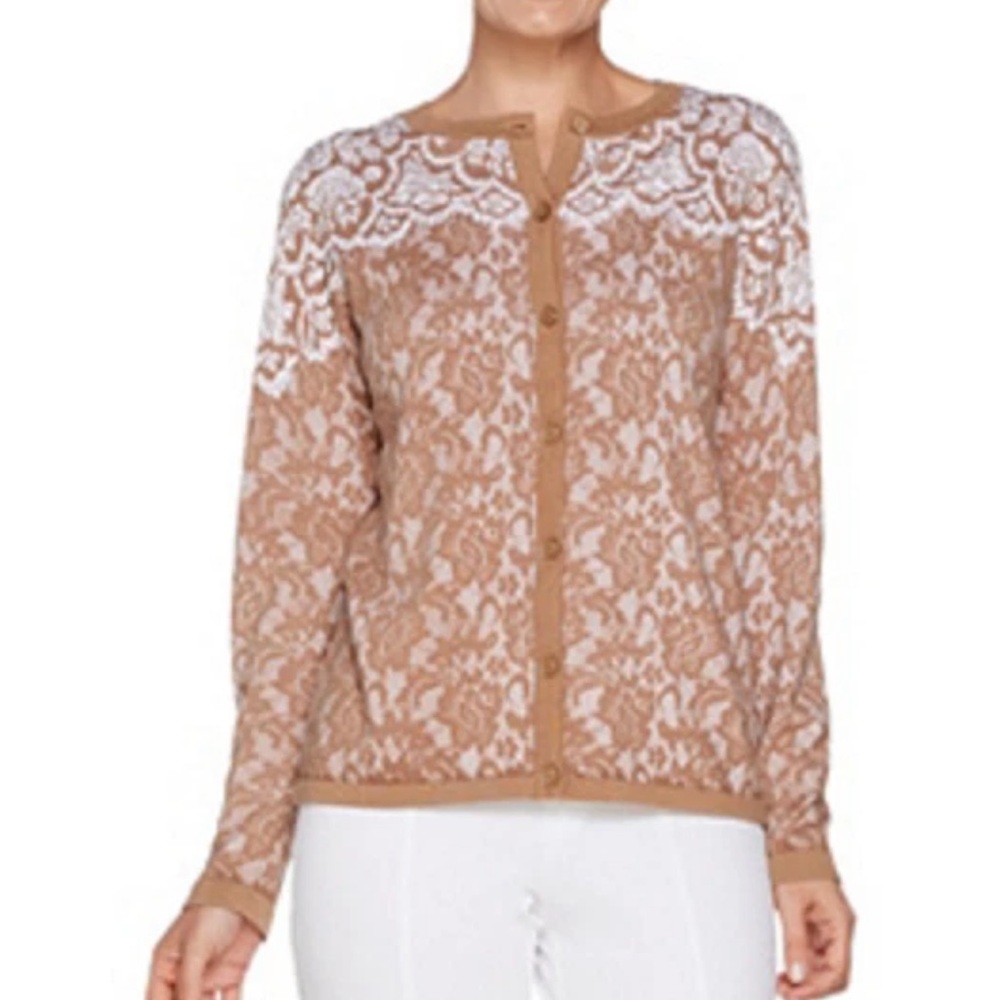 BOB MACKIE LACE PRINT LONG SLEEVE BUTTON FRONT CARDIGAN, TAN, XS WOMENS